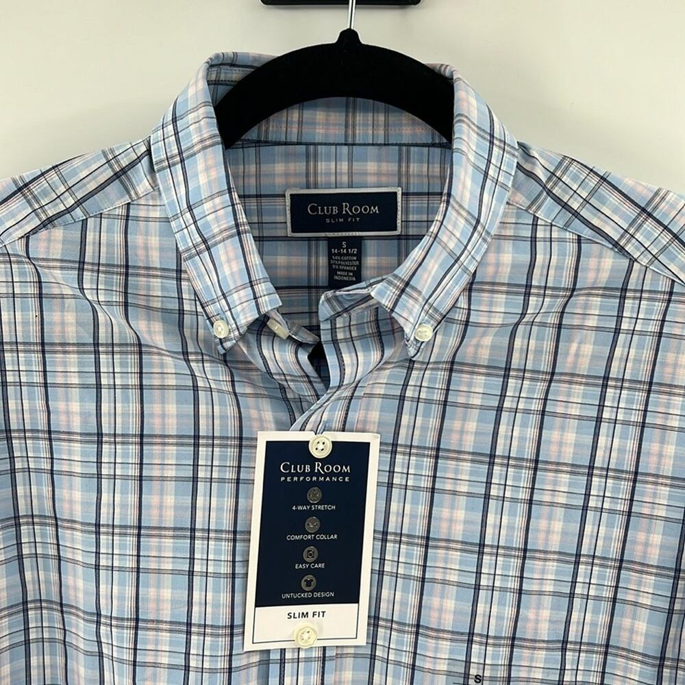 Club Room Men's Performance LS Slim Fit Untucked Shirt - Plaid - S - NWT